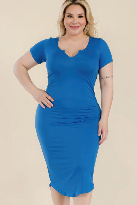 Plus Size Split Neck Bodycon Midi Dress - Skydiver Blue