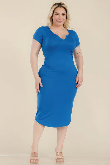 Plus Size Split Neck Bodycon Midi Dress - Skydiver Blue