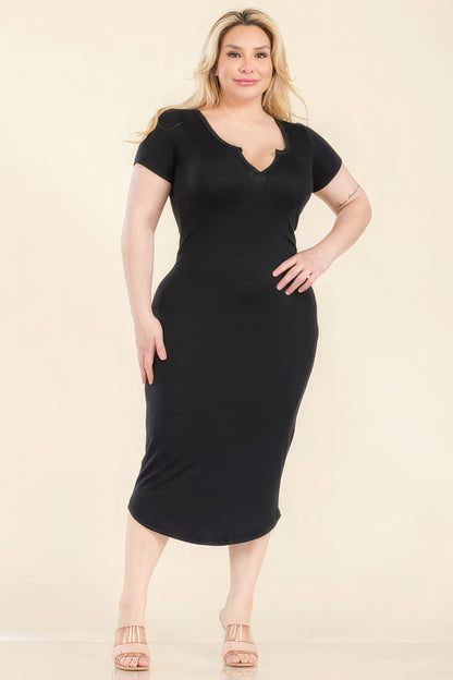 Plus Size Split Neck Bodycon Midi Dress - Black