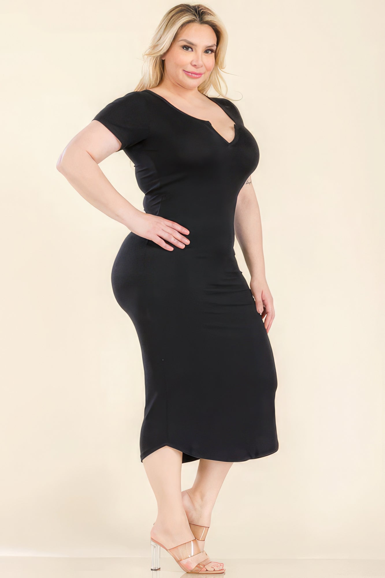 Plus Size Split Neck Bodycon Midi Dress - Black