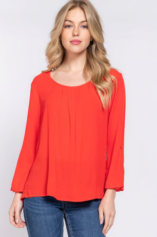 3/4 Roll Up Slv Pleated Tomato Red Blouse