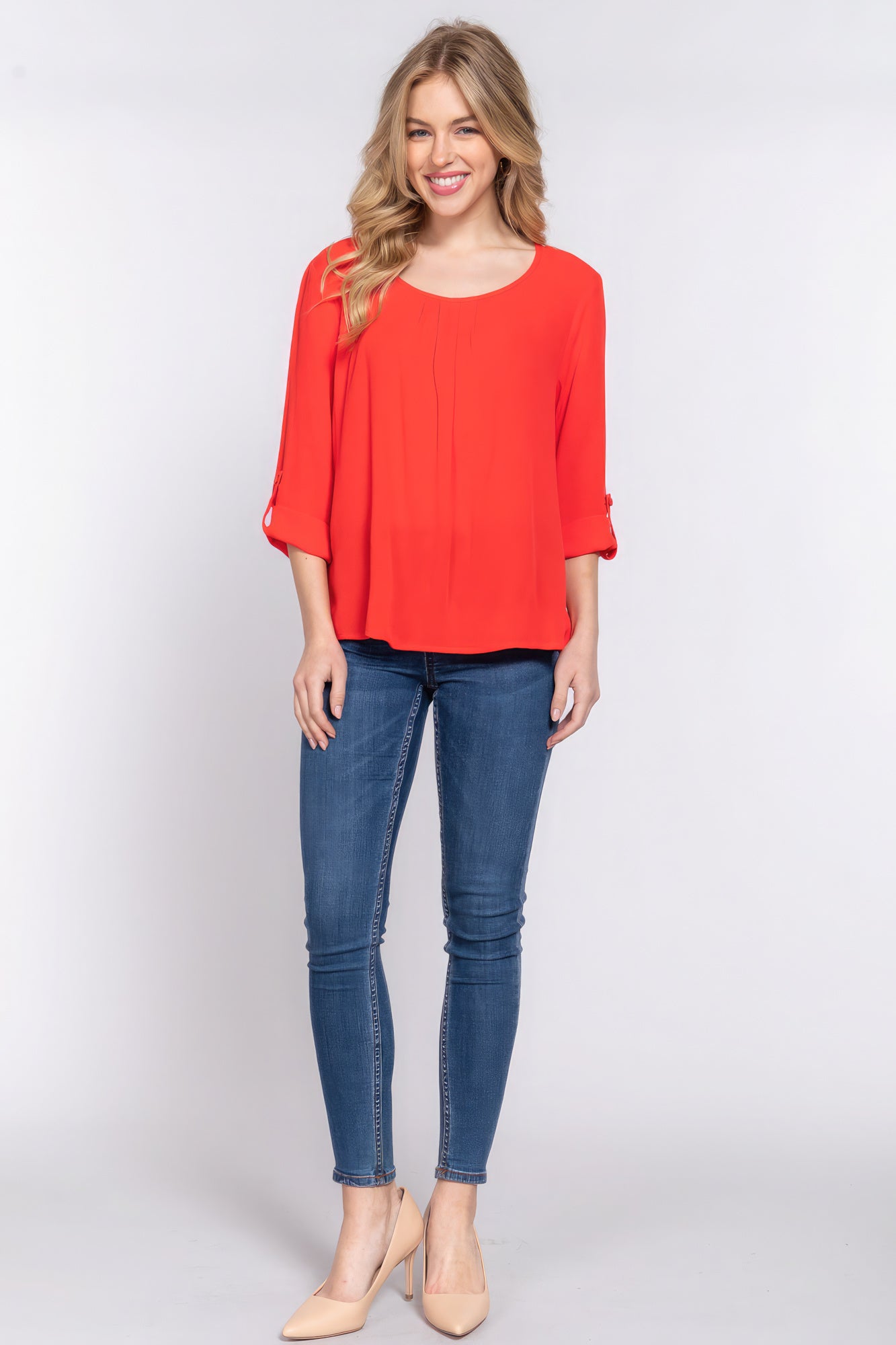 3/4 Roll Up Slv Pleated Tomato Red Blouse