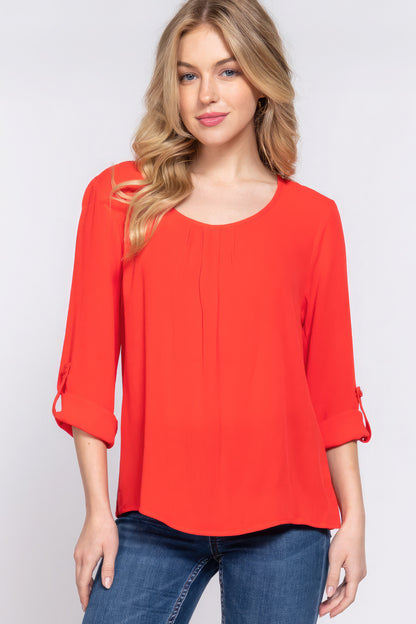 3/4 Roll Up Slv Pleated Tomato Red Blouse