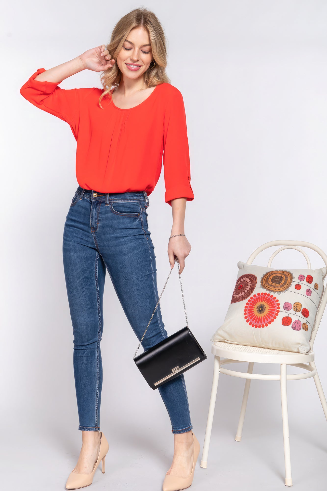 3/4 Roll Up Slv Pleated Tomato Red Blouse