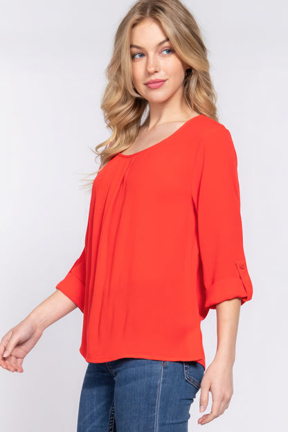 3/4 Roll Up Slv Pleated Tomato Red Blouse