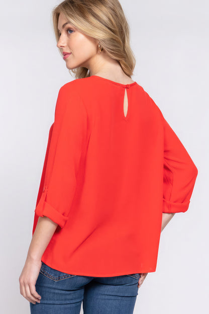 3/4 Roll Up Slv Pleated Tomato Red Blouse