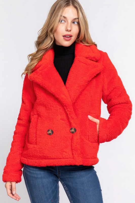 Orange Notched Collar Faux Fur Sherpa Jacket