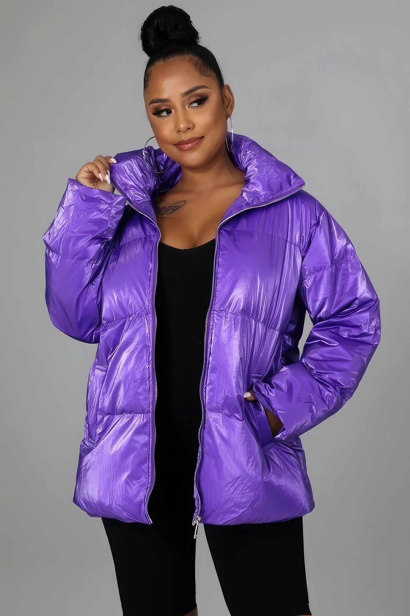 Purple Nylon Non-stretch Bomber Jacket