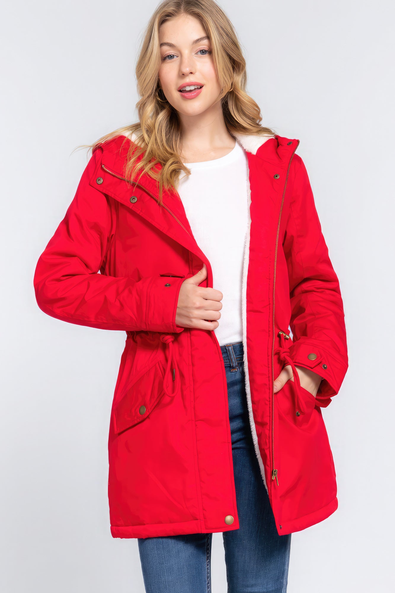 Red Fleece Lined Fur Hoodie Utility Jacket