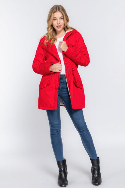 Red Fleece Lined Fur Hoodie Utility Jacket