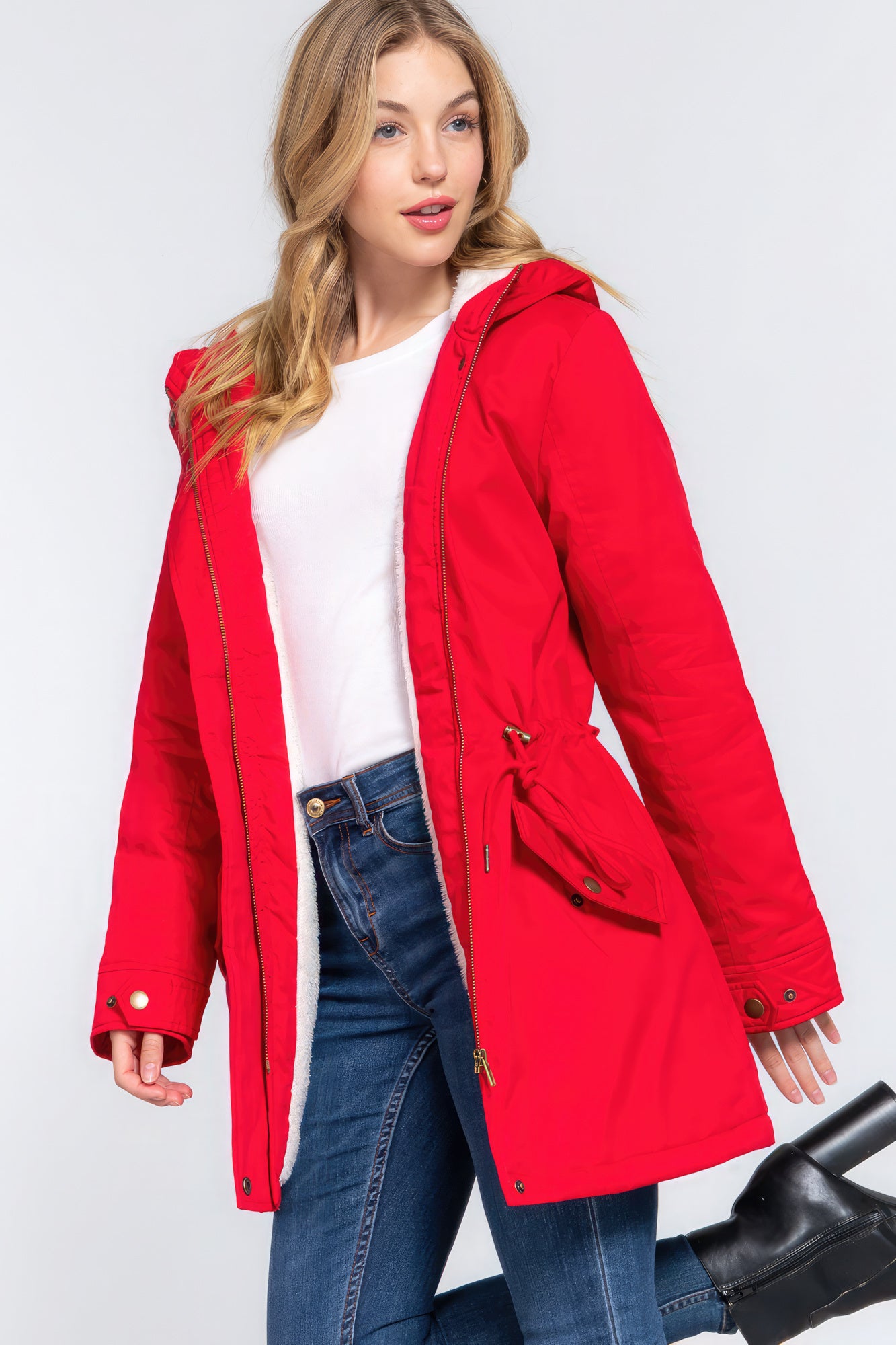 Red Fleece Lined Fur Hoodie Utility Jacket