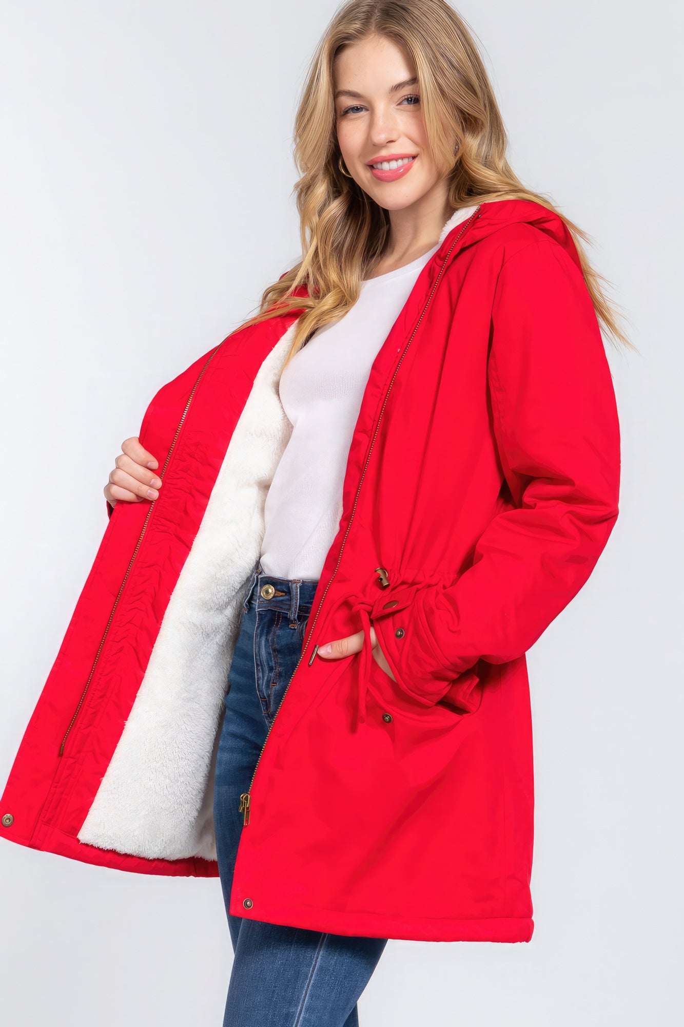 Red Fleece Lined Fur Hoodie Utility Jacket