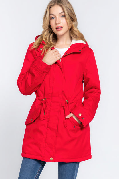 Red Fleece Lined Fur Hoodie Utility Jacket