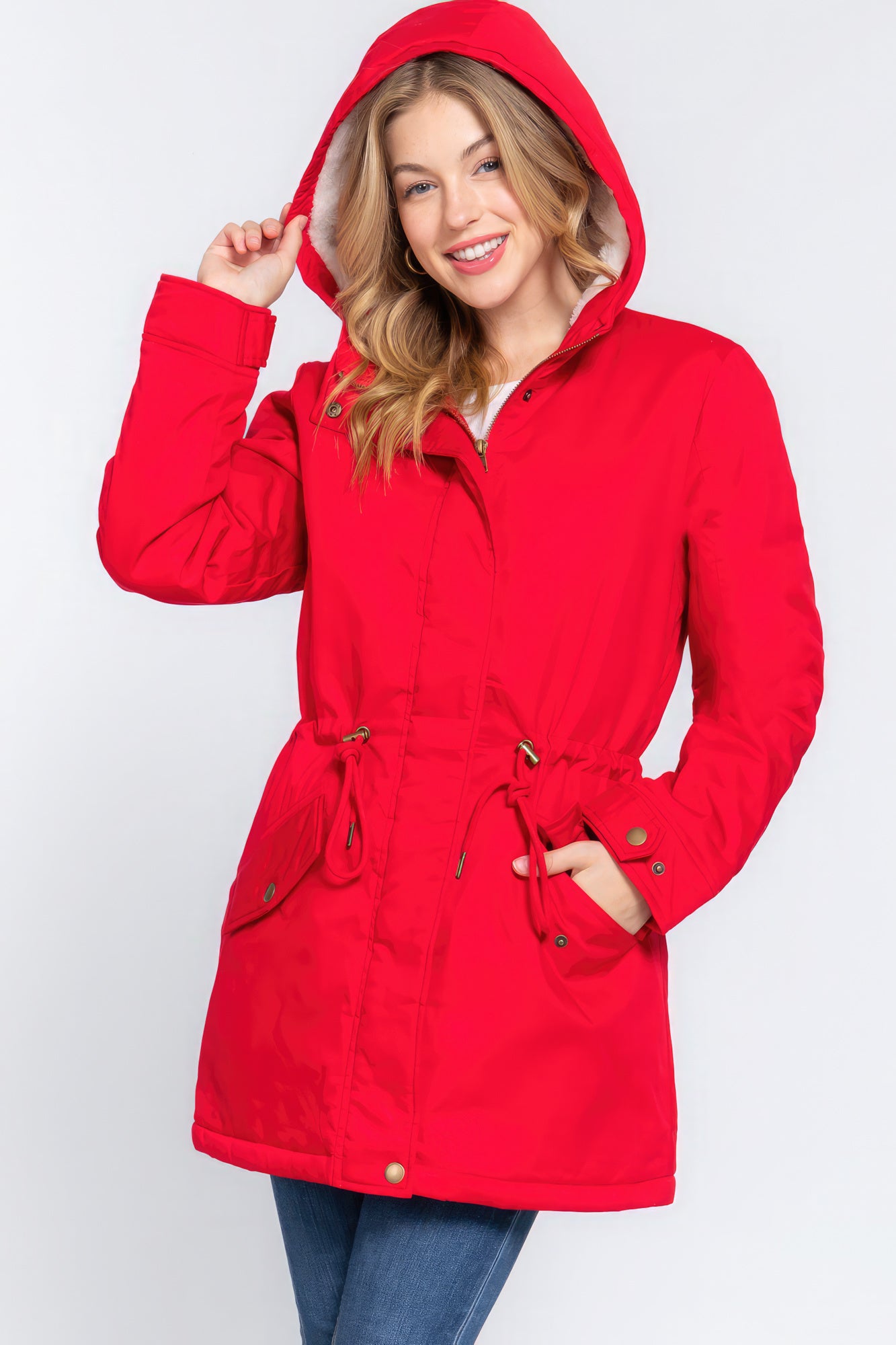 Red Fleece Lined Fur Hoodie Utility Jacket