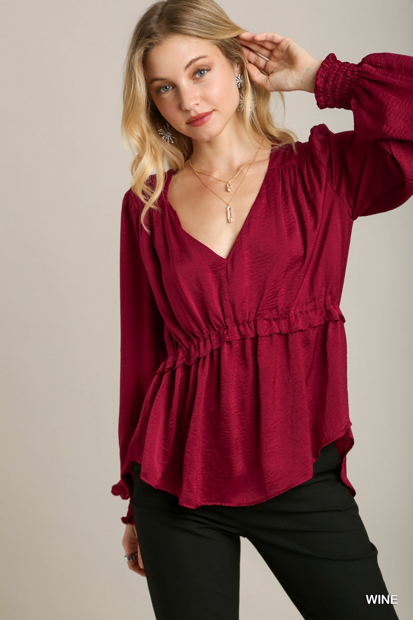 Satin V-neck Ruffle Baby Doll Top With Cuffed Long Sleeve - Wine