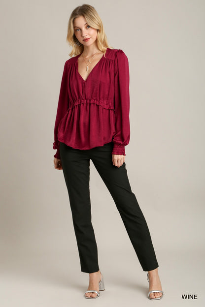 Satin V-neck Ruffle Baby Doll Top With Cuffed Long Sleeve - Wine