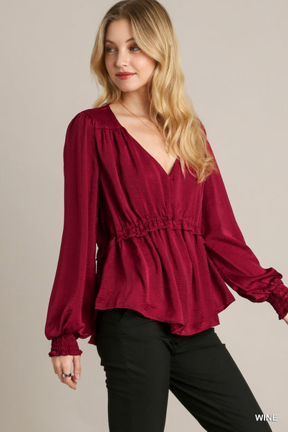 Satin V-neck Ruffle Baby Doll Top With Cuffed Long Sleeve - Wine