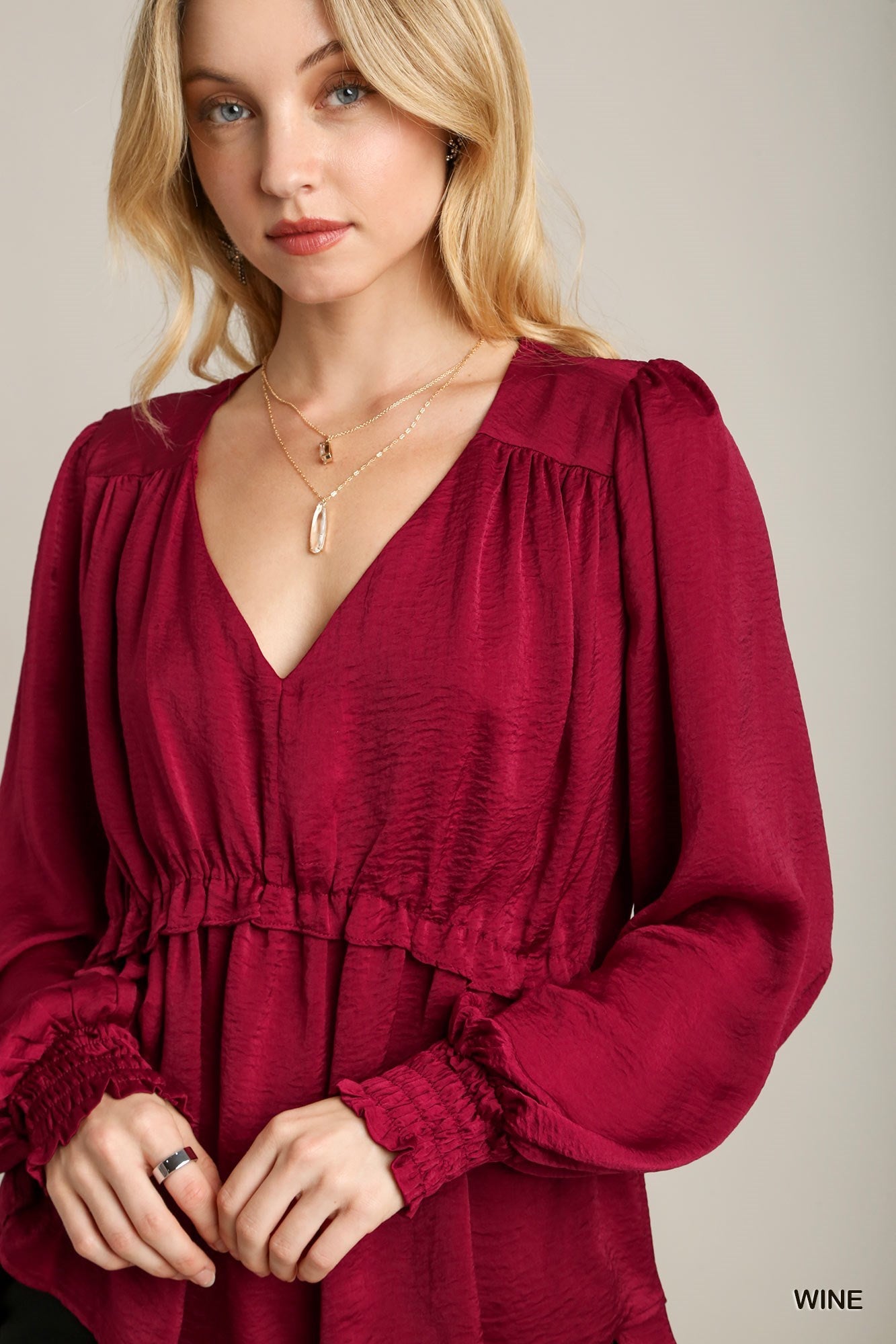 Satin V-neck Ruffle Baby Doll Top With Cuffed Long Sleeve - Wine