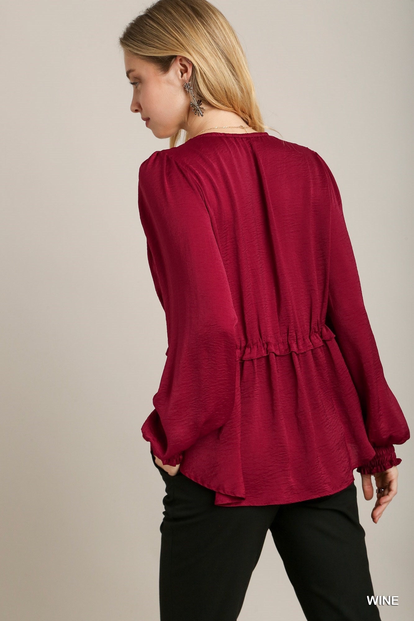 Satin V-neck Ruffle Baby Doll Top With Cuffed Long Sleeve - Wine