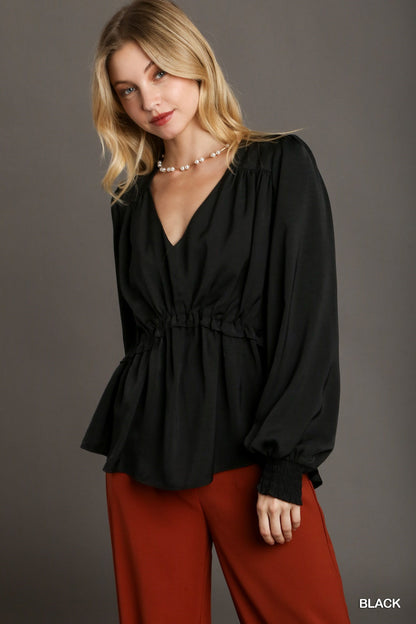 Satin V-neck Ruffle Baby Doll Top With Cuffed Long Sleeve - Black