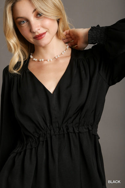 Satin V-neck Ruffle Baby Doll Top With Cuffed Long Sleeve - Black