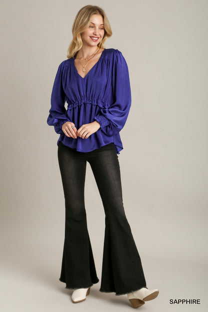 Satin V-neck Ruffle Baby Doll Top With Cuffed Long Sleeve - Sapphire