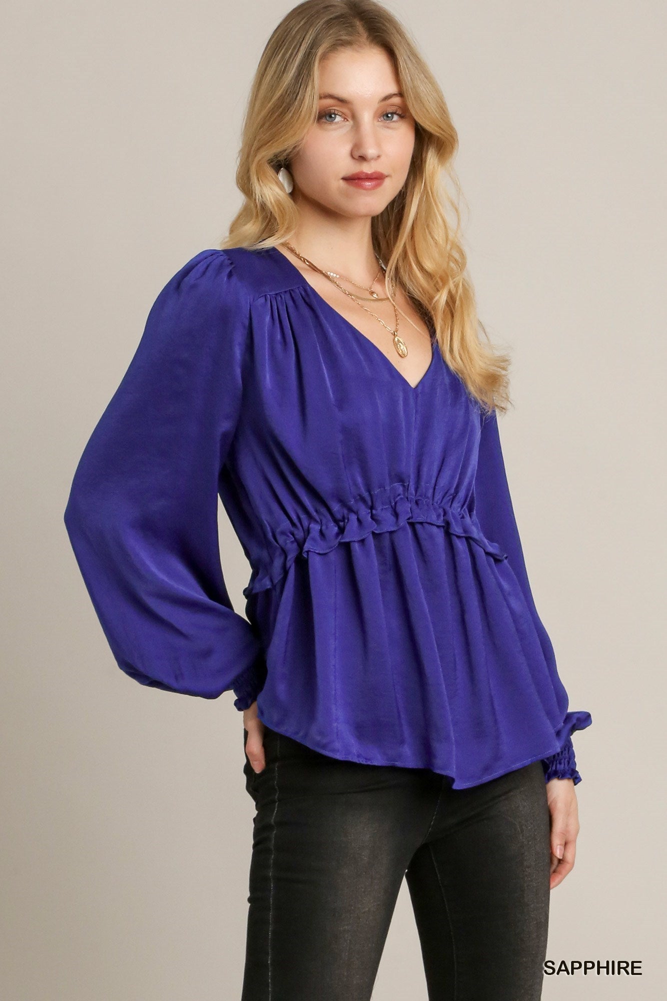 Satin V-neck Ruffle Baby Doll Top With Cuffed Long Sleeve - Sapphire