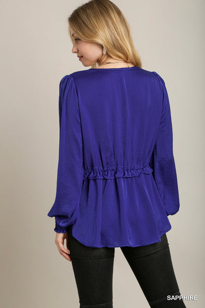 Satin V-neck Ruffle Baby Doll Top With Cuffed Long Sleeve - Sapphire