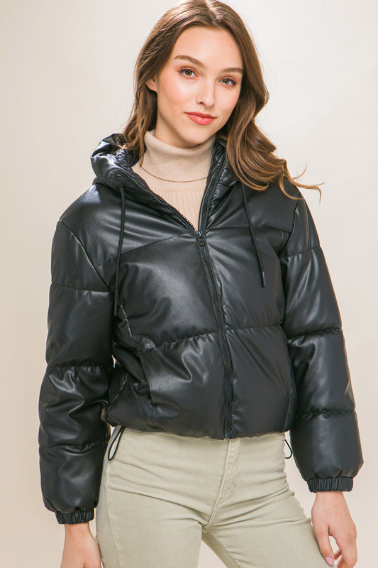 Black Pu Faux Leather Zipper Hooded Puffer Jacket