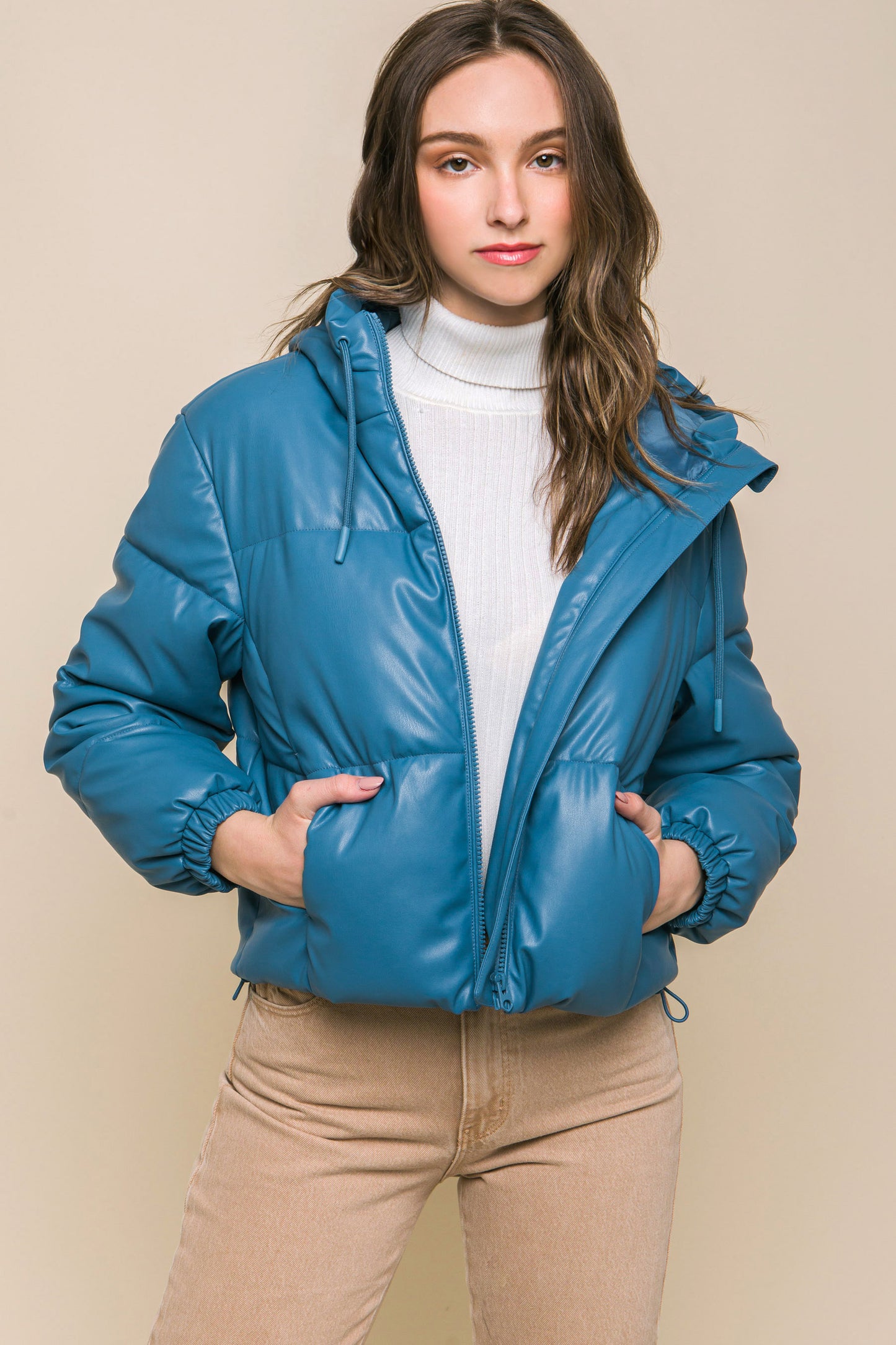 Azure Pu Faux Leather Zipper Hooded Puffer Jacket