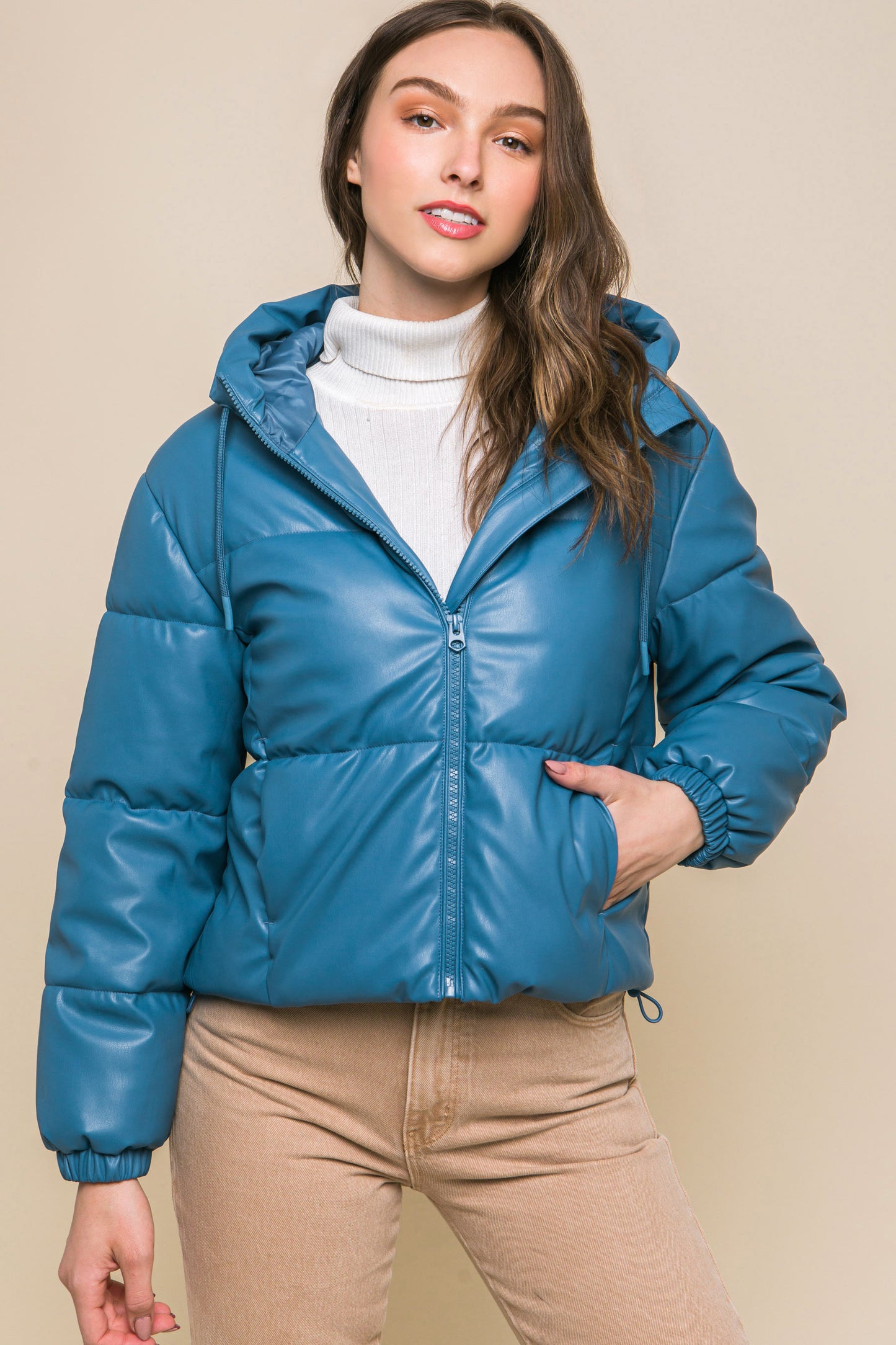 Azure Pu Faux Leather Zipper Hooded Puffer Jacket