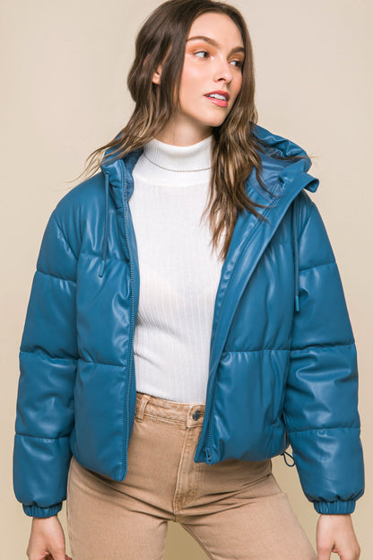 Azure Pu Faux Leather Zipper Hooded Puffer Jacket