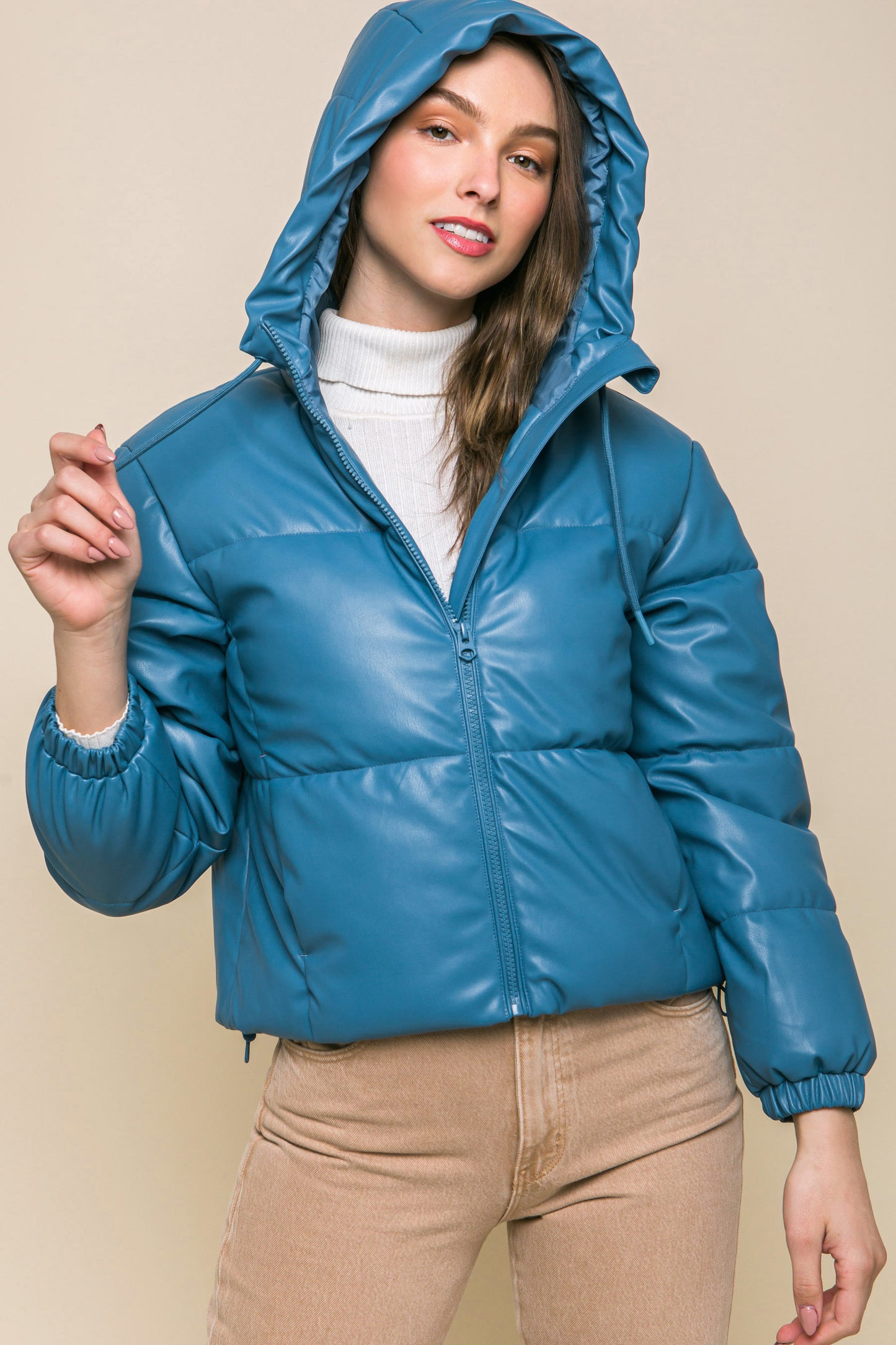 Azure Pu Faux Leather Zipper Hooded Puffer Jacket