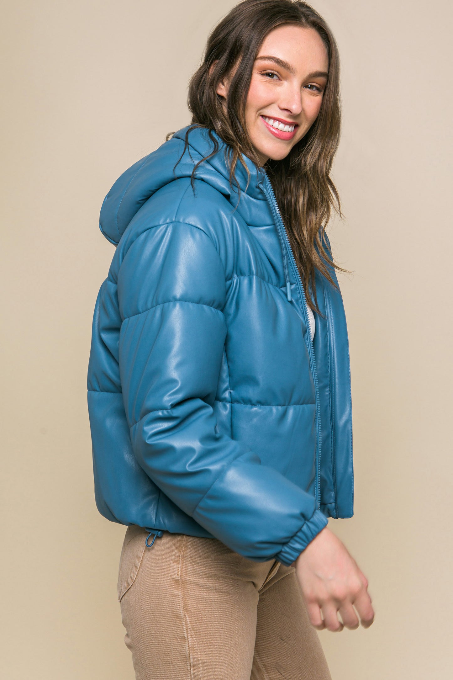 Azure Pu Faux Leather Zipper Hooded Puffer Jacket