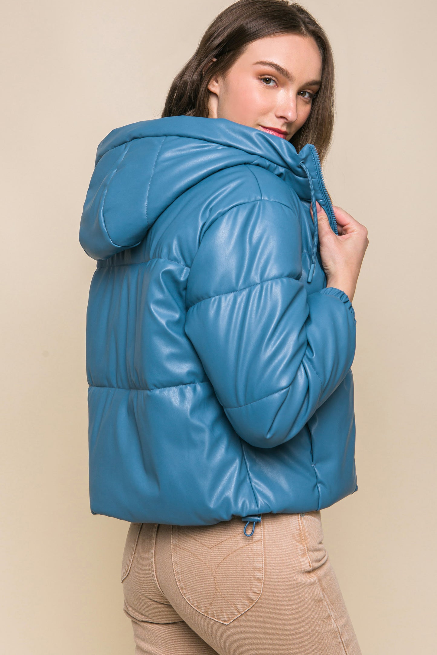 Azure Pu Faux Leather Zipper Hooded Puffer Jacket