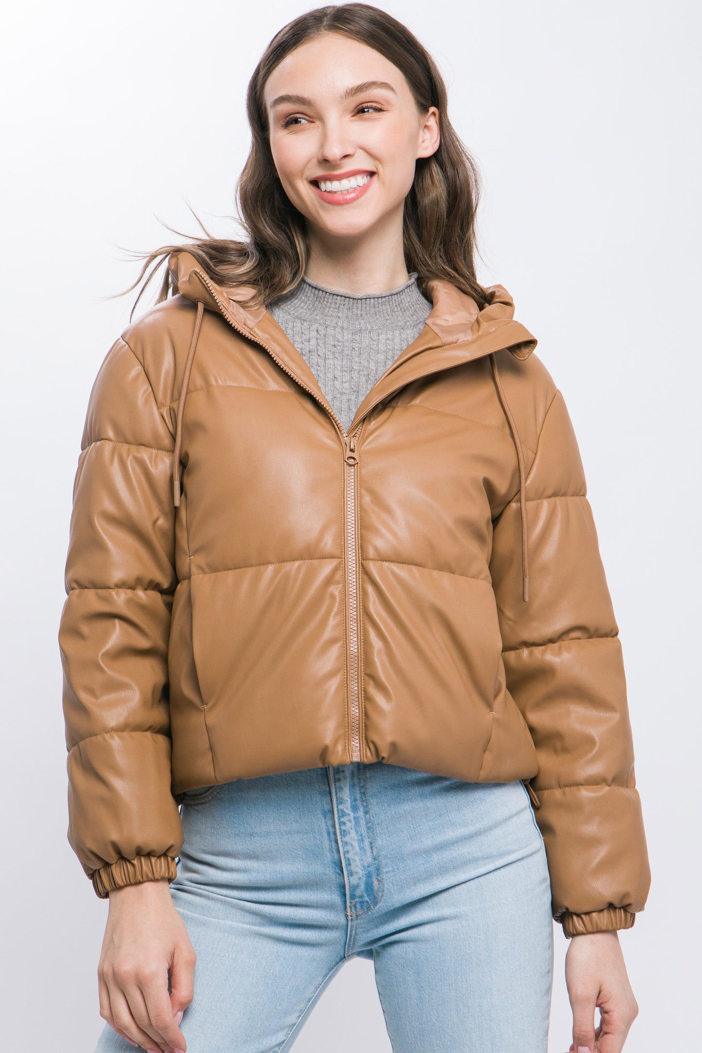 Camel Pu Faux Leather Zipper Hooded Puffer Jacket