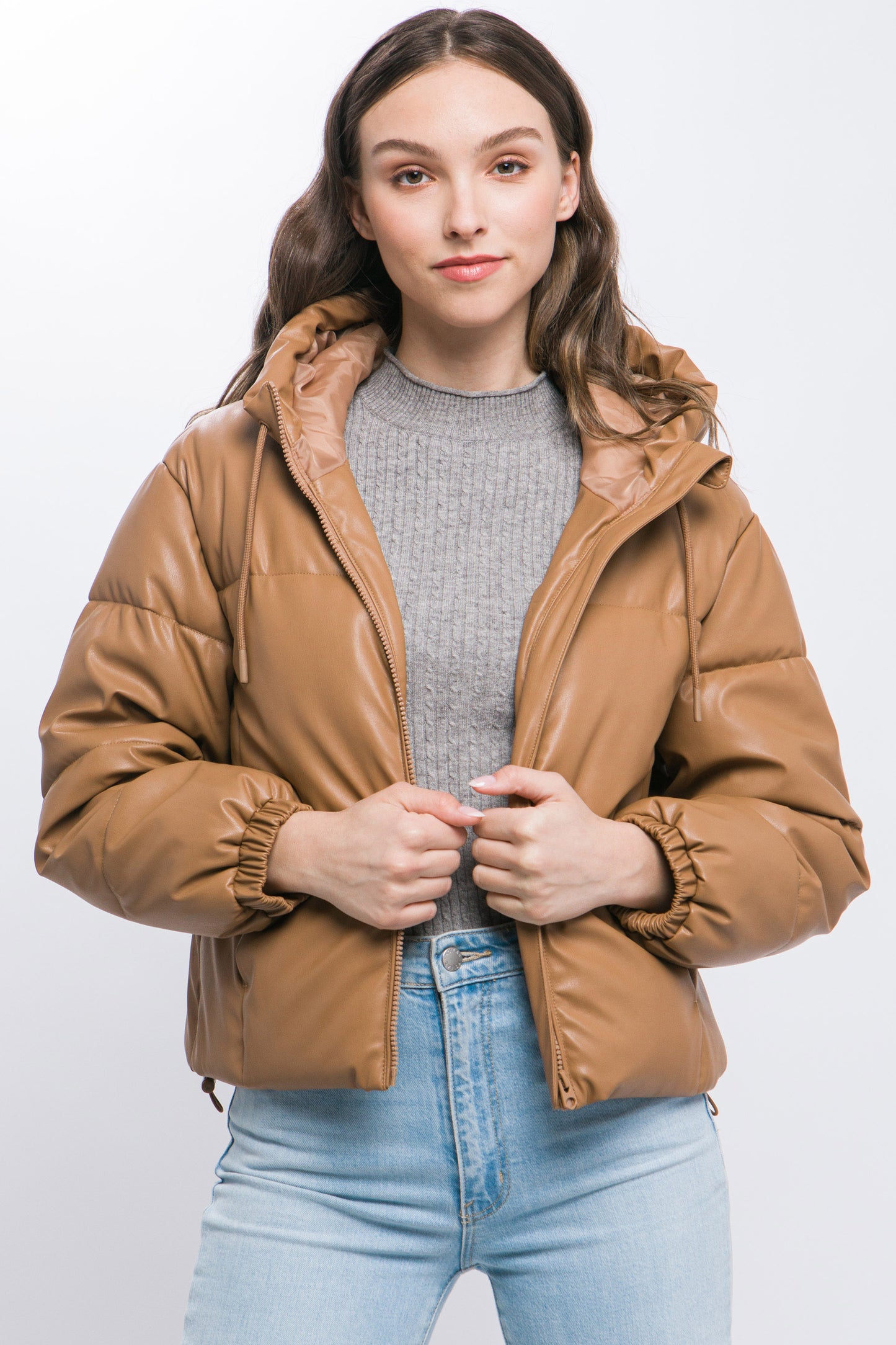 Camel Pu Faux Leather Zipper Hooded Puffer Jacket