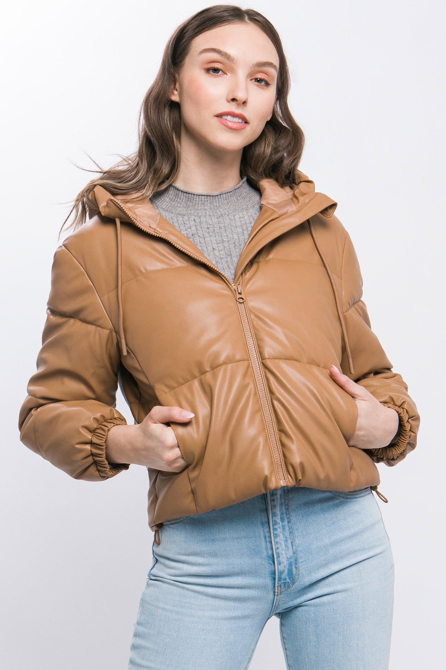 Camel Pu Faux Leather Zipper Hooded Puffer Jacket