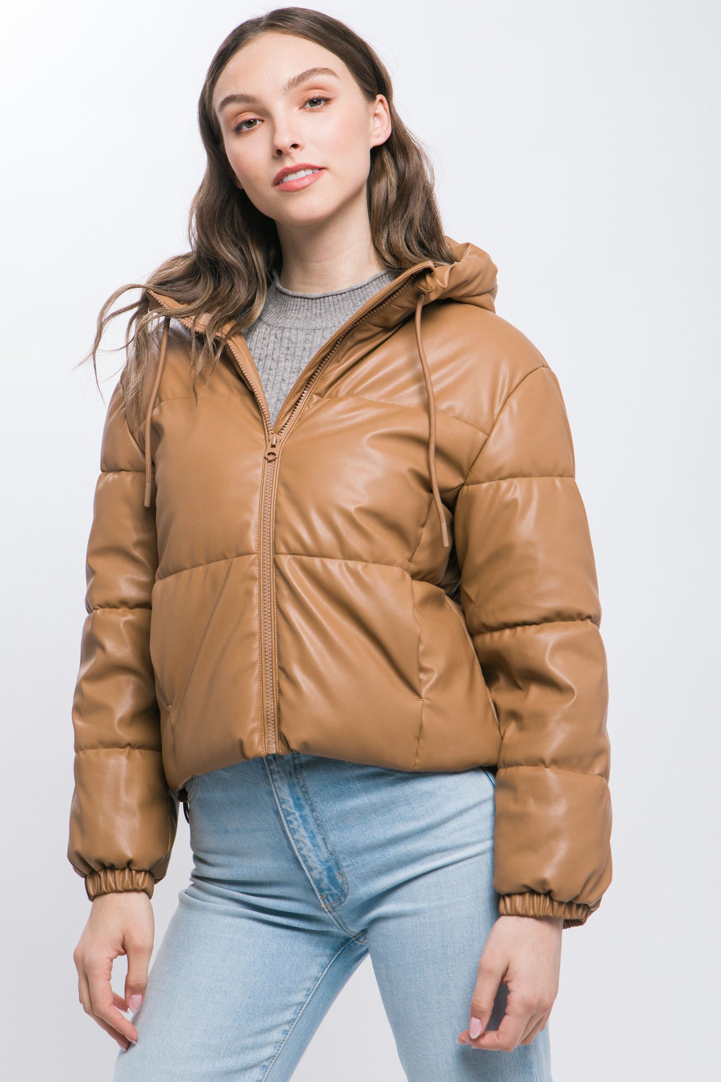 Camel Pu Faux Leather Zipper Hooded Puffer Jacket