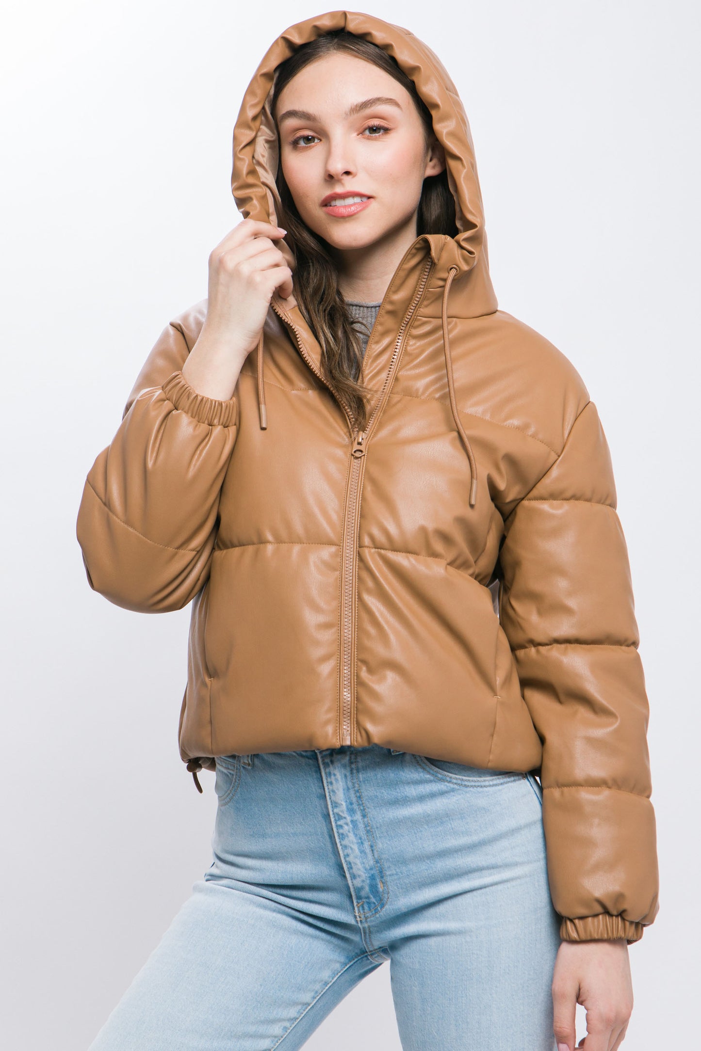 Camel Pu Faux Leather Zipper Hooded Puffer Jacket