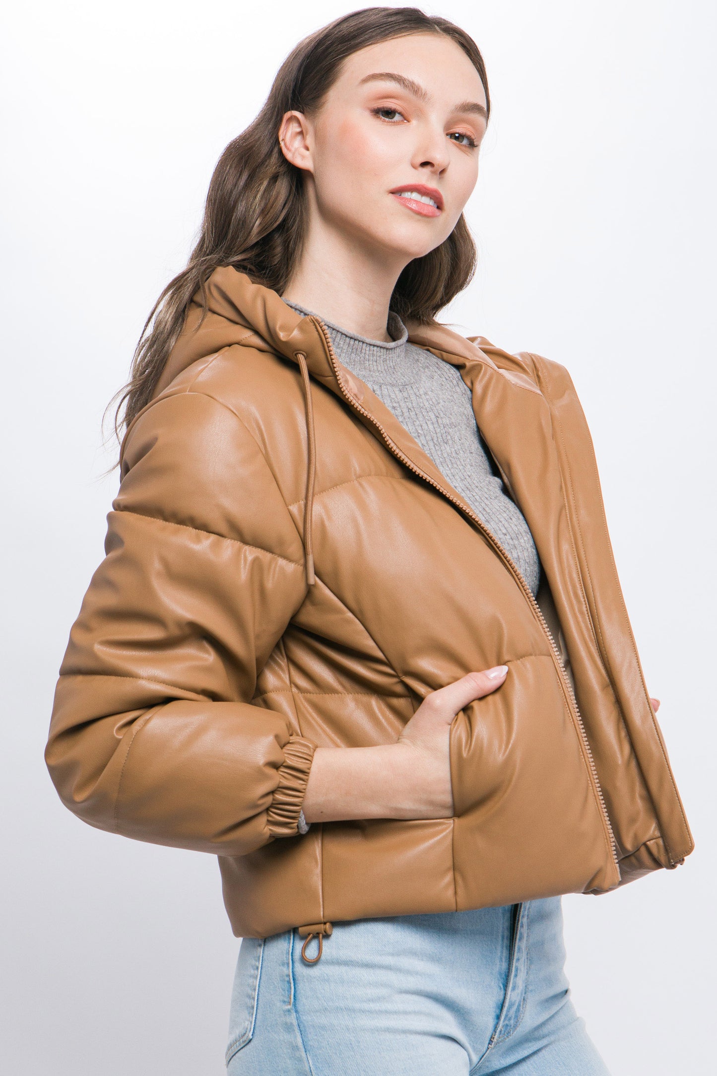 Camel Pu Faux Leather Zipper Hooded Puffer Jacket