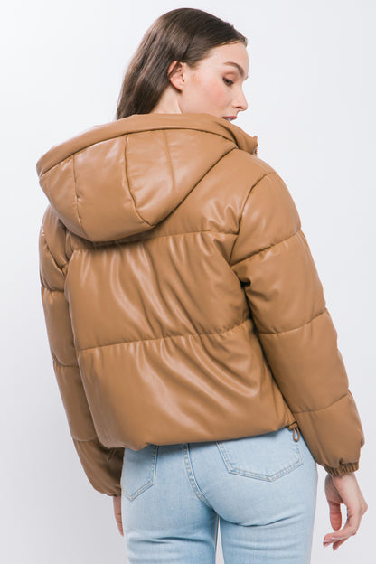 Camel Pu Faux Leather Zipper Hooded Puffer Jacket