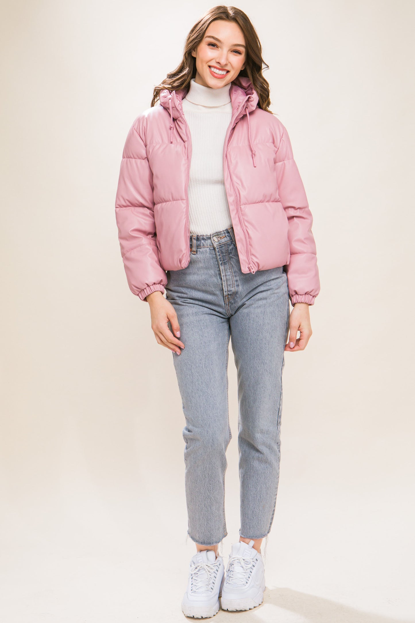 Pink Pu Faux Leather Zipper Hooded Puffer Jacket