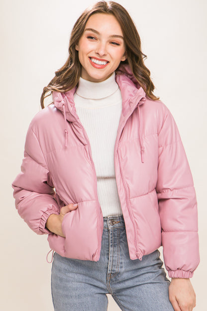 Pink Pu Faux Leather Zipper Hooded Puffer Jacket