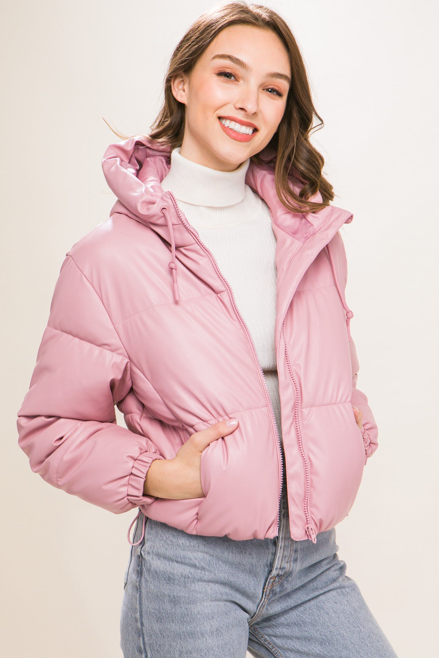 Pink Pu Faux Leather Zipper Hooded Puffer Jacket