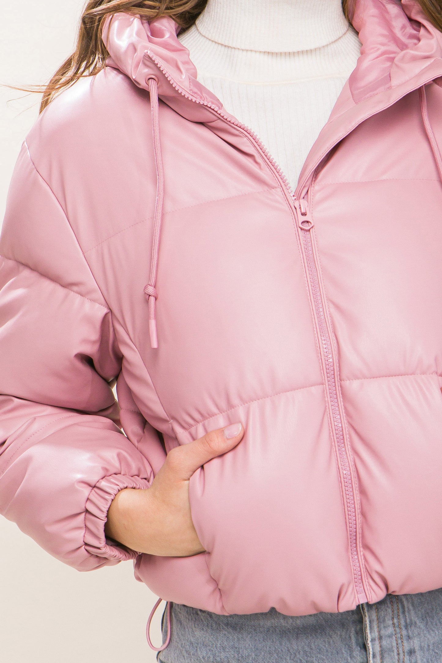 Pink Pu Faux Leather Zipper Hooded Puffer Jacket