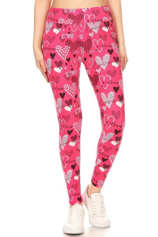 Pink Love Hearts Yoga Band Buttery Soft Print Leggings