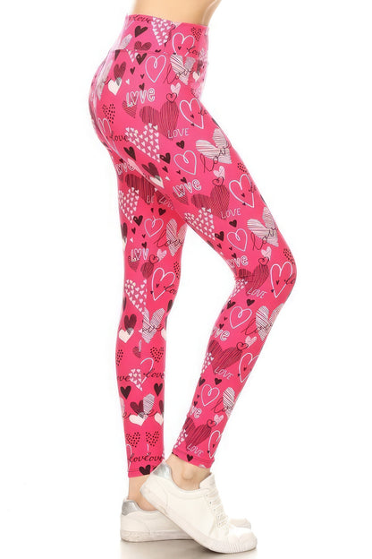 Pink Love Hearts Yoga Band Buttery Soft Print Leggings