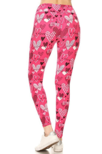 Pink Love Hearts Yoga Band Buttery Soft Print Leggings