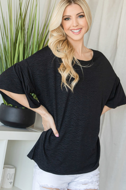 Flared Sleeve Black Basic Short Sleeve Top